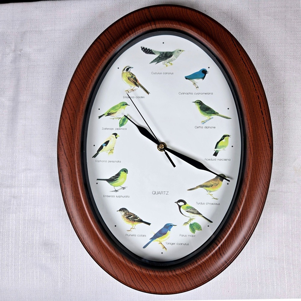Vintage Oval Quartz Bird Illustration Wall Clock – Faux Wood Grain Frame